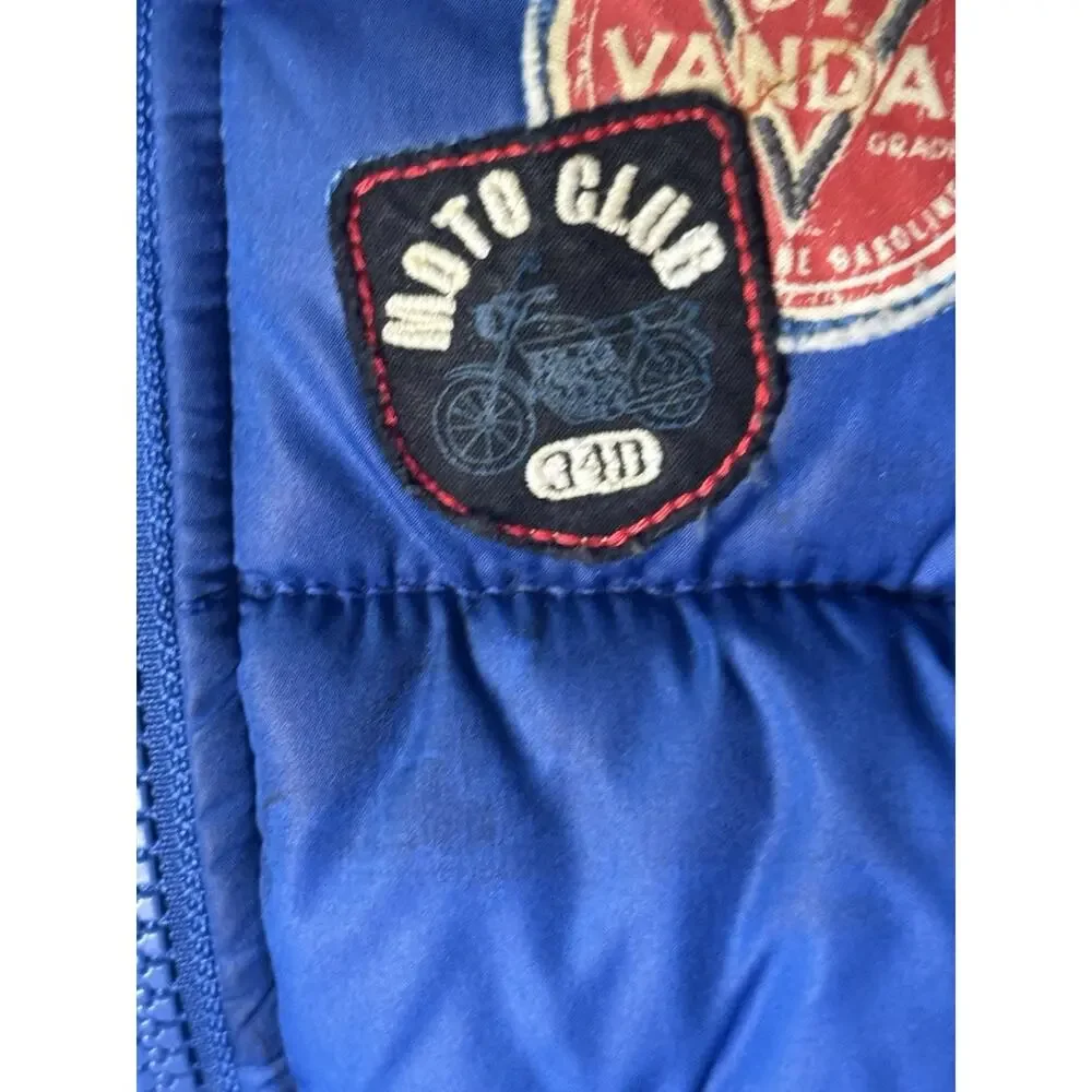 Y2K Old Navy Baby 12-18M Blue Puffer Vest Fur Trim Hood Moto Patch Winter Coat